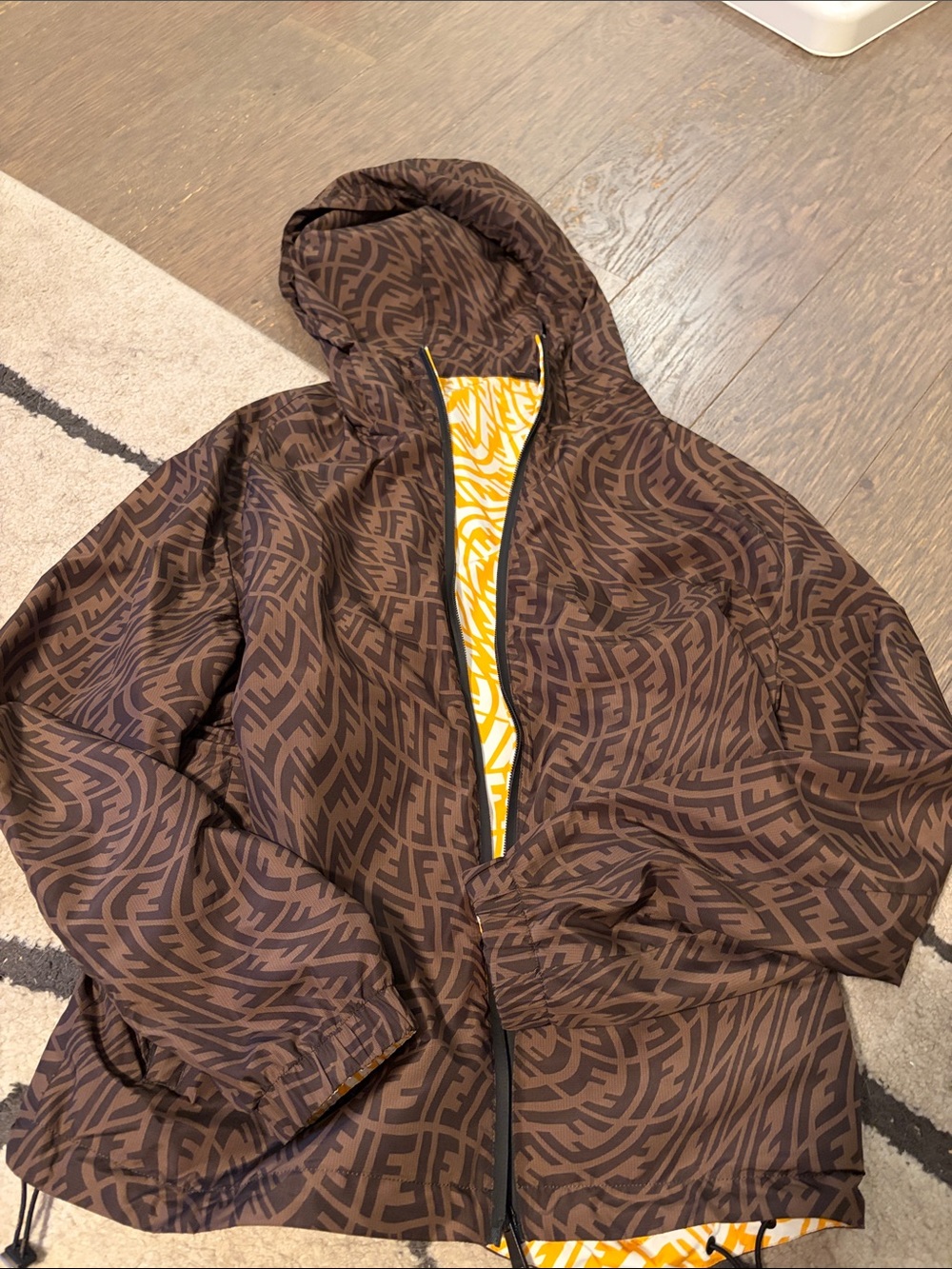 Fendi Brown Monogram Hooded Windbreaker with Yellow Lining